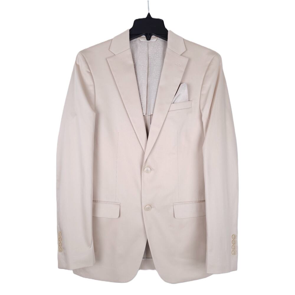 Bar III Mens Slim Fit Suit Jacket Blazer 38L Tan Solid Stretch Cotton Blend NWOT